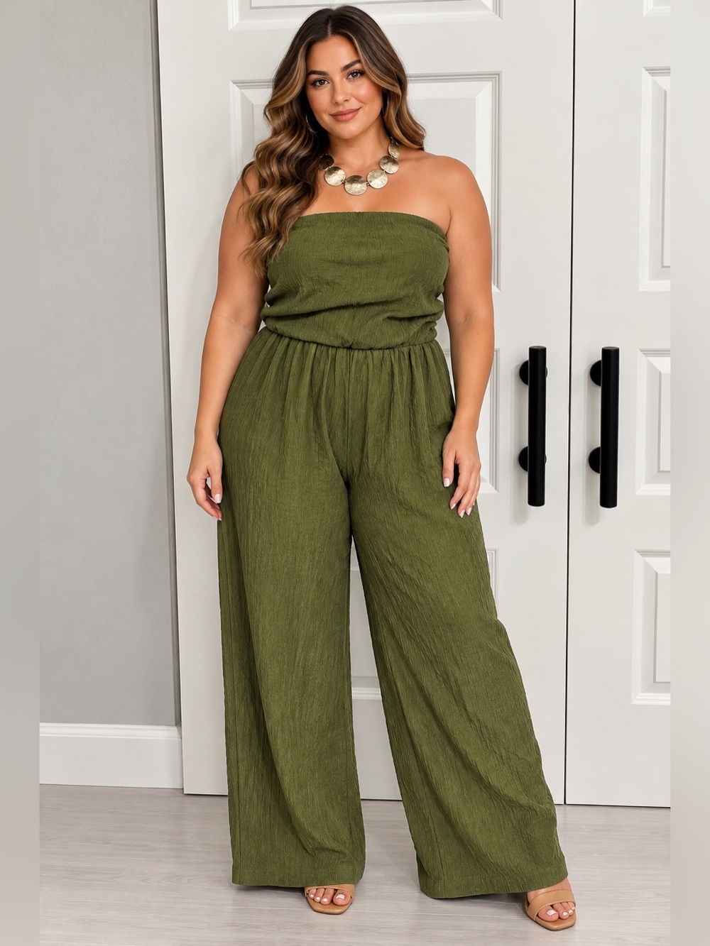 Cider Textured Strapless Jumpsuit Olive Green Wide Leg Jumpsuit XL